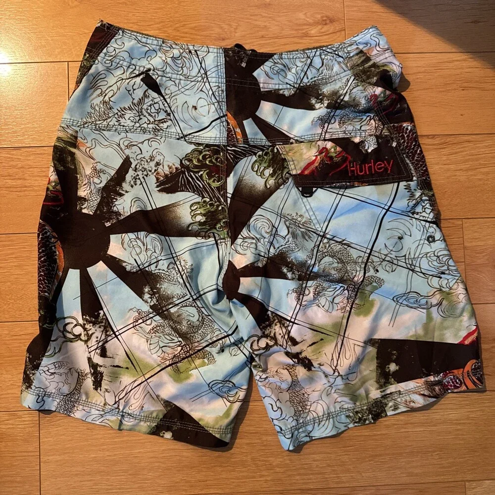 Hurley Mens AOP Dragon Design Multicolor Surf Swim Board Shorts Size 32